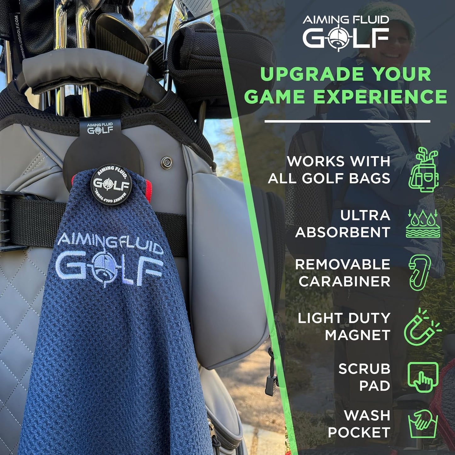 Magnetic Golf Towel & Magnetic Landing Pad – Premium Microfiber Waffle Weave I Scrub Pad I Wash Pocket I Golf Gift I Cart Carry and Tour Bag (Magnetic Landing Pad & 16" x 24" Golf Towel Black)