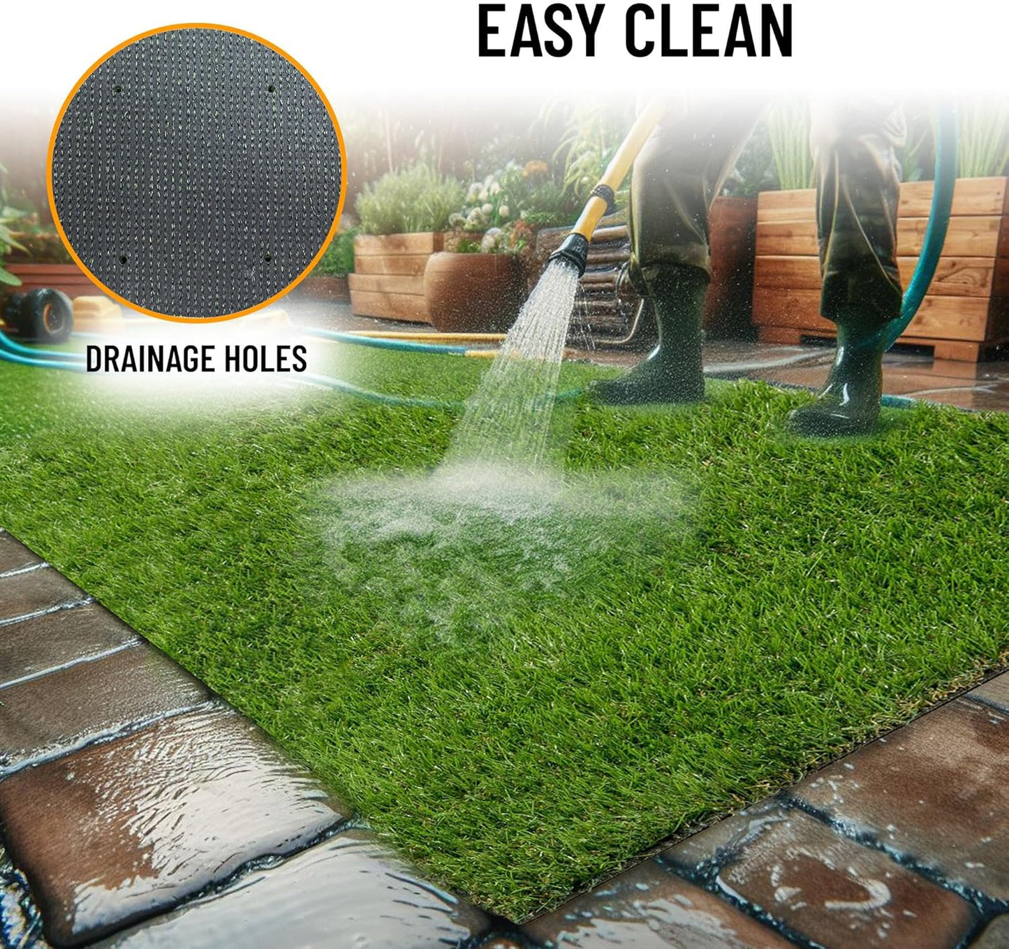 Ottomanson 6'6" x 22' Artificial Faux Grass Rug - Realistic Turf with UV Protection - Perforated for Easy Drainage - Durable, Hose-Off Synthetic Lawn Carpet for Indoor & Outdoor Use, Green