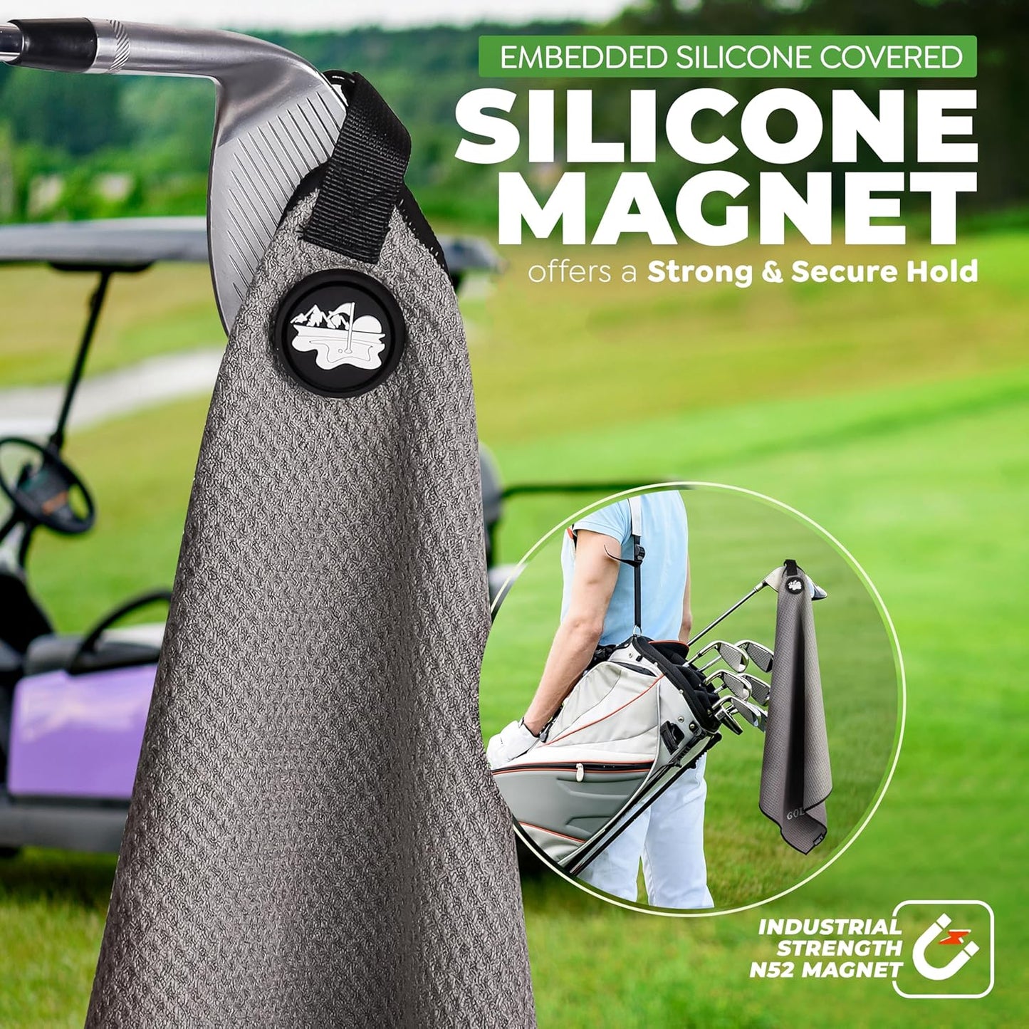 Golf'N Microfiber Towel - Magnetic Golf Towel Black 18" x 18" Golf Towels for Golf Bags with N52 Heavy Duty Magnets, Carabiner Clip & Cross Stitched Reinforced Loop, Premium Golf Accessories