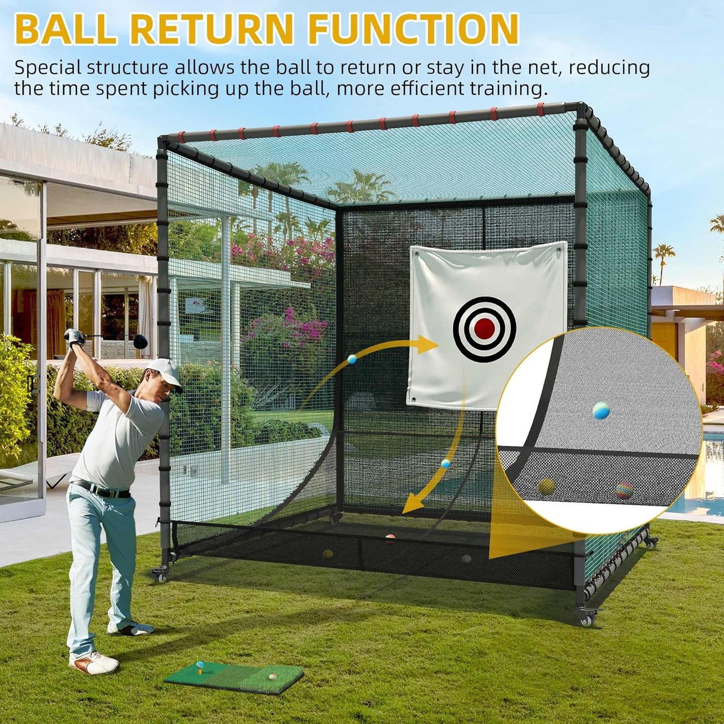 Golf Cage Net with Wheels, Upgrade Driving Hitting Cage with Metal Frame, Golf Practice Net for Full Swing and Chipping Backyard Indoor Outdoor Lawn(Includes 1 Hitting Mat 6 PU Balls 1 Tee)