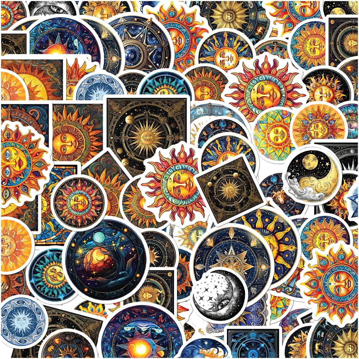 Sun and Moon Celestial Mystical Design 50pcs Vinyl Stickers Pack for Laptop Water Bottle Phone Scrapbooking Teens Adults Astrology Lovers Bedroom Bike Hat Skateboard Kids