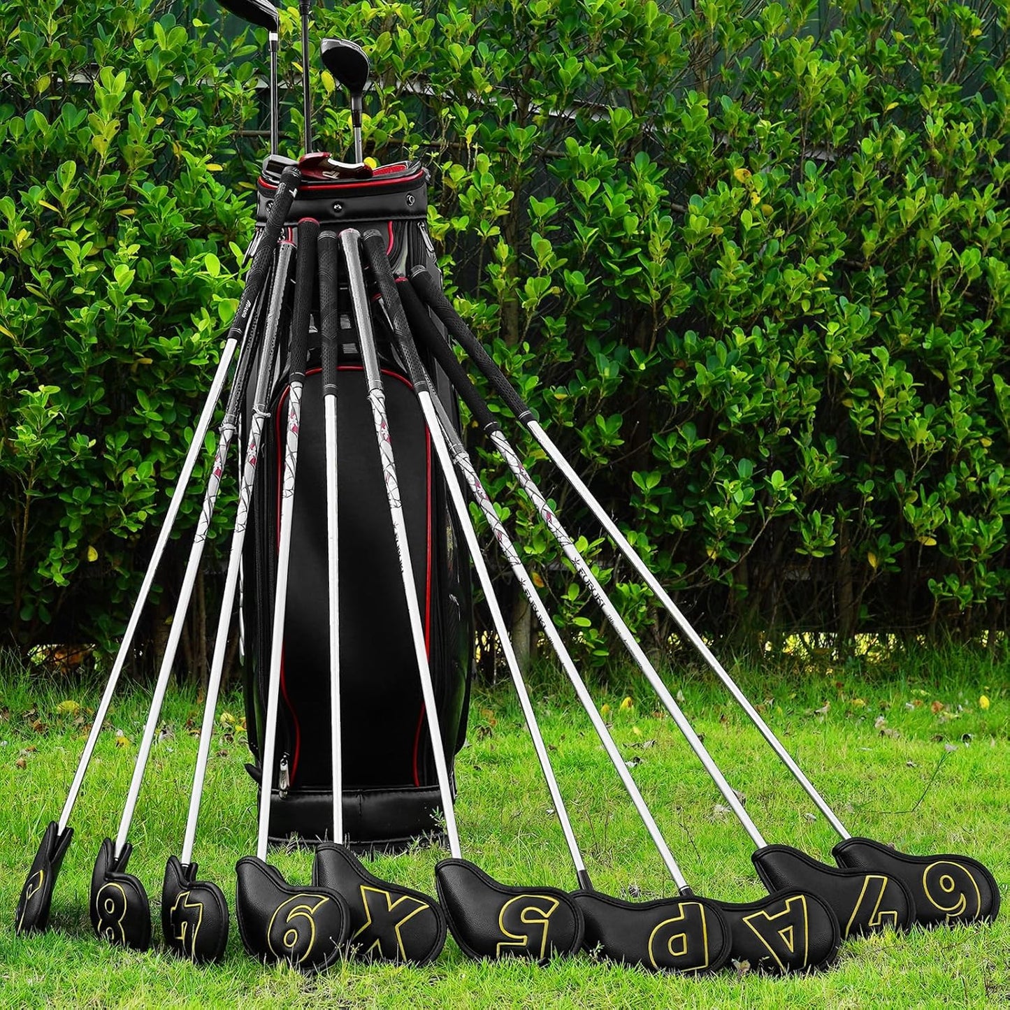 Craftsman Golf 10pcs Red No. on Both Sides Magnetic Closure Classic Black Leather Iron Headcover Covers Set Travel Cases Protector Available Custom with Name