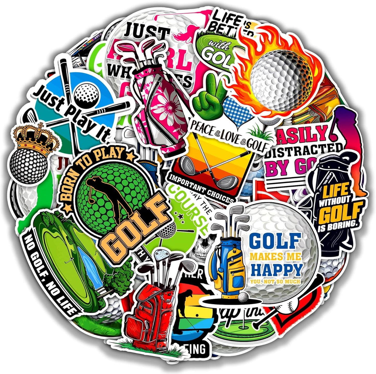 Golf Stickers 50 Pieces Vinyl Waterproof Decal for Laptop Water Bottle Phone Car Window Bike Motorcycle Stakeboard Scrapbook Golfing Sticker Gifts