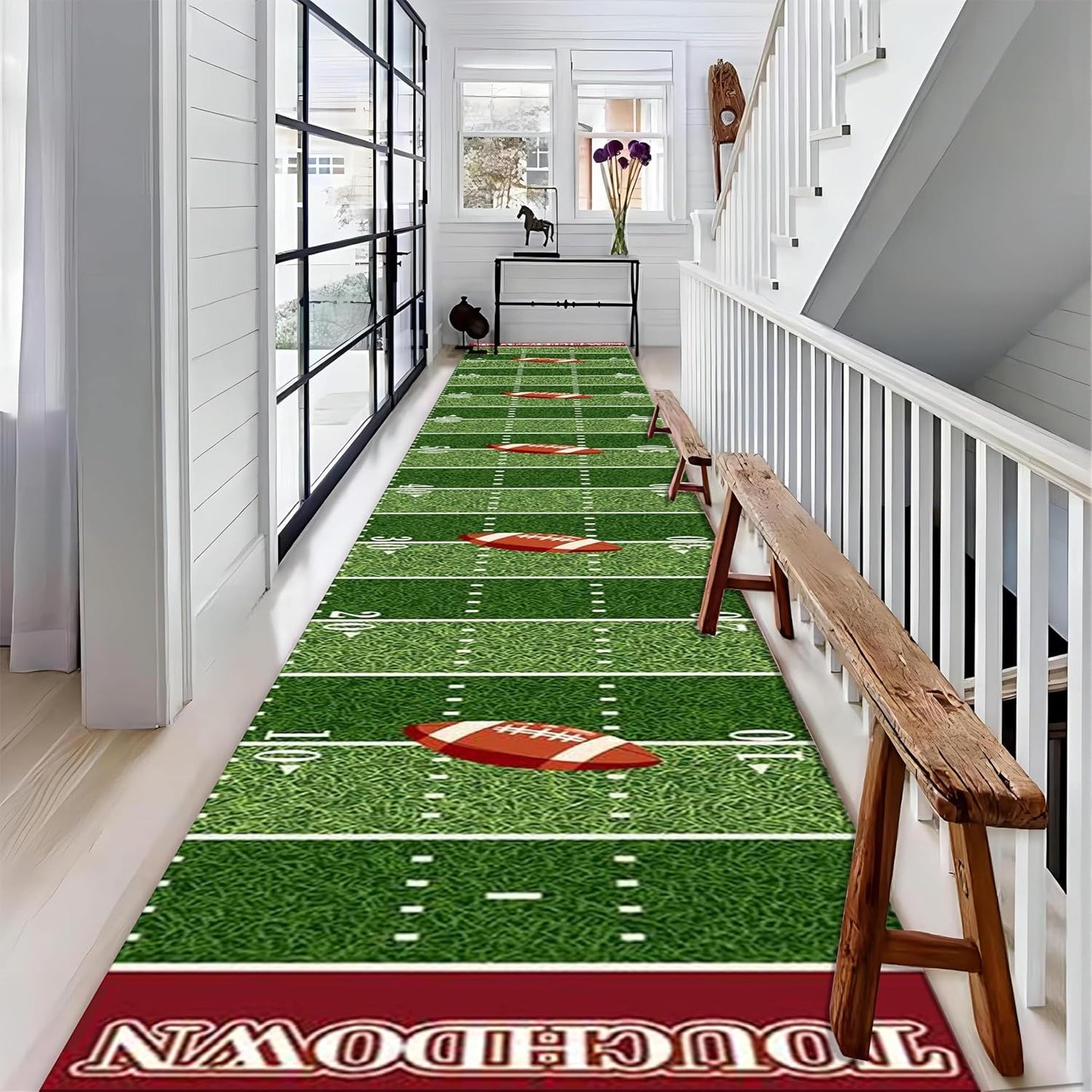 Rugby Runner Carpet, 2.6x10ft, American Football Touchdown Indoor Rugs, Machine Washable Durable High Traffic Rug, with Non Slip Backing Absorbent Carpets for Entryway Living Room