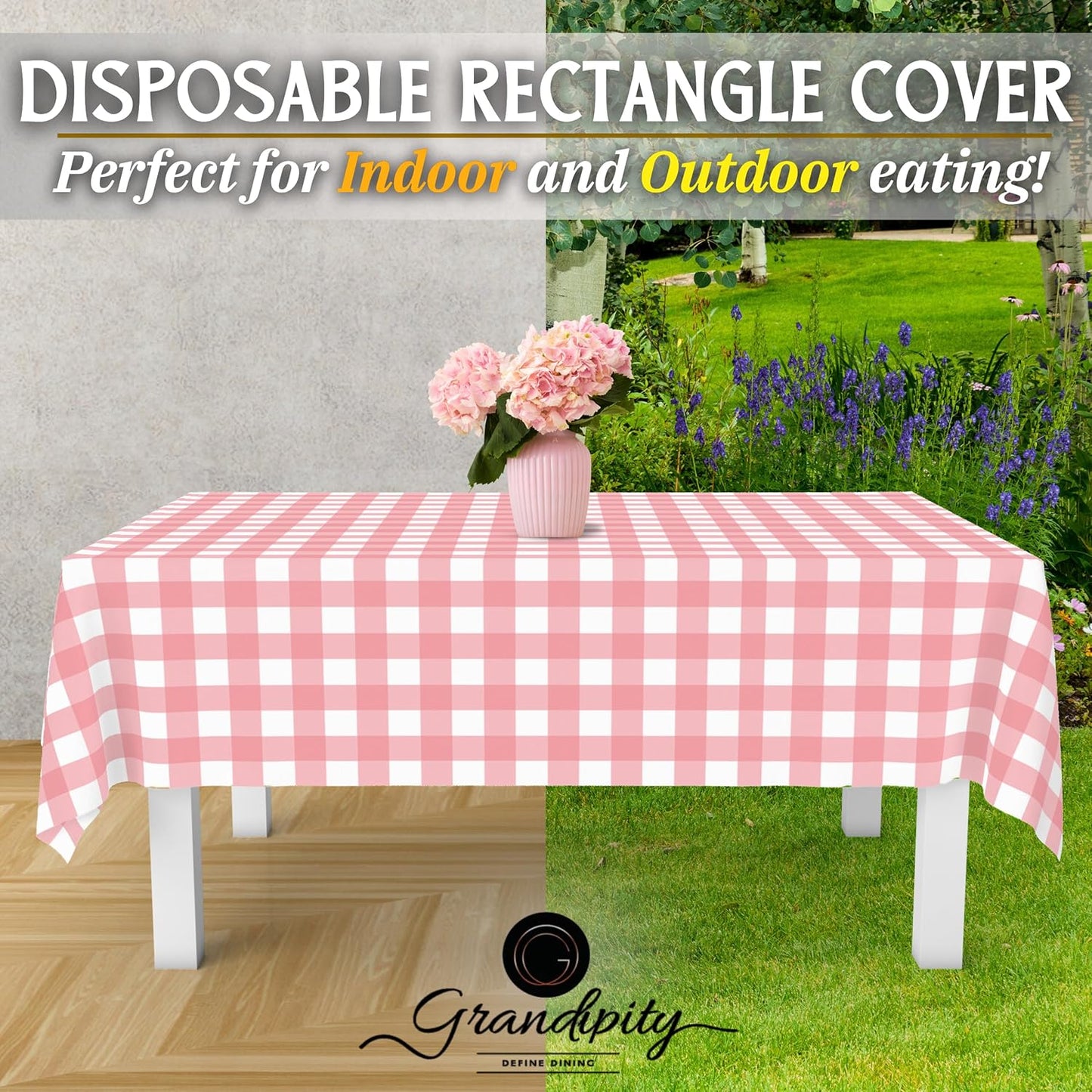 Grandipity 12 Pack Premium Disposable Plastic Tablecloth 54 Inch. x 108 Inch. Decorative Rectangle Table Cover - Pink Checkered Gingham