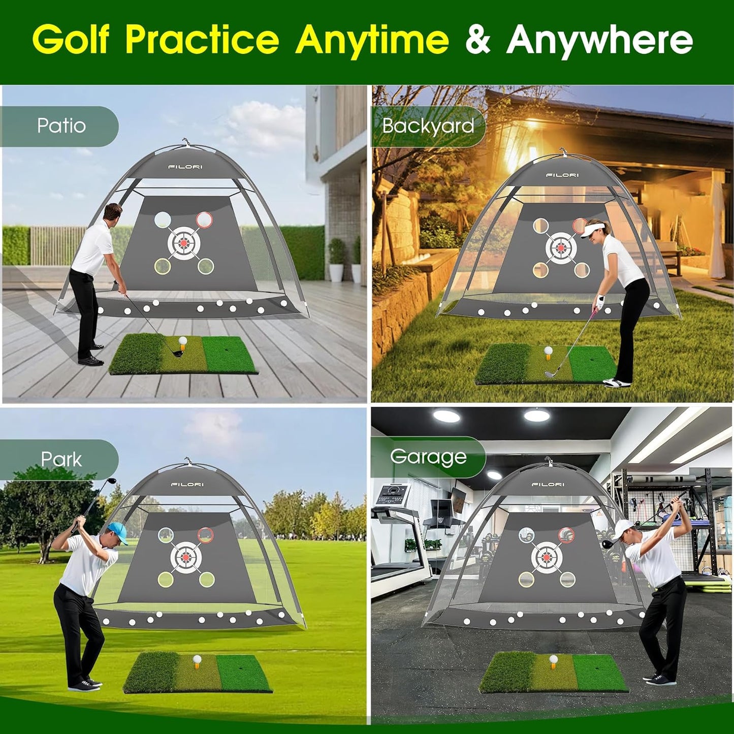 FILORI Golf Practice Net 10x7FT - Golf Hitting Net with Tri-Turf Mat, 8 Balls, Tee & Carry Bag, Indoor/Outdoor Backyard Training for Driving Chipping Swing, Ideal Gifts for Men Dad Husband Golfer