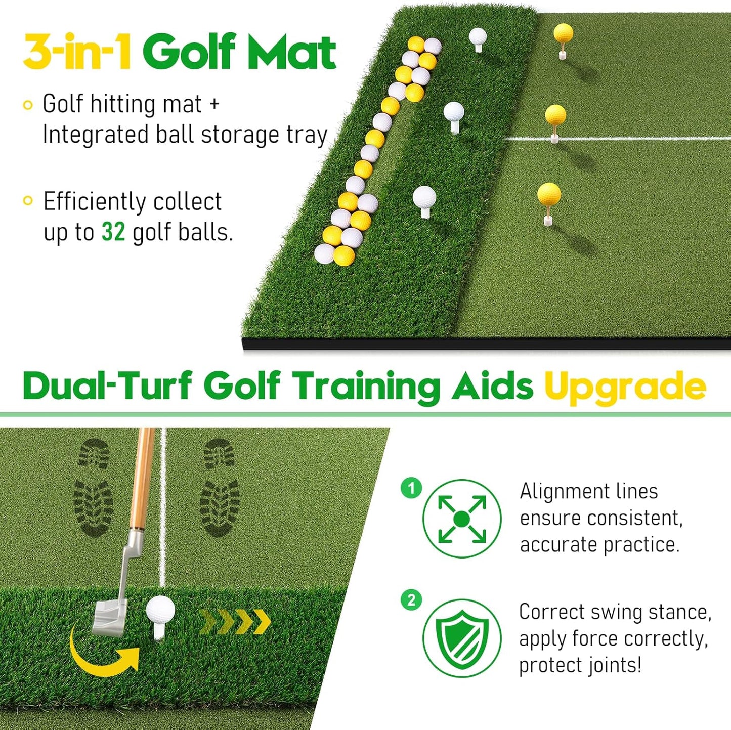 Premium Dual-Turf Golf Mat with Ball Tray, 5x4 FT Golf Hitting Mats Practice Outdoor Indoor Equipment with 10 Golf Balls, 9 Golf Tees, Golf Aid Training Swing Chipping Mat, Gifts for Men,Boy,Golfers
