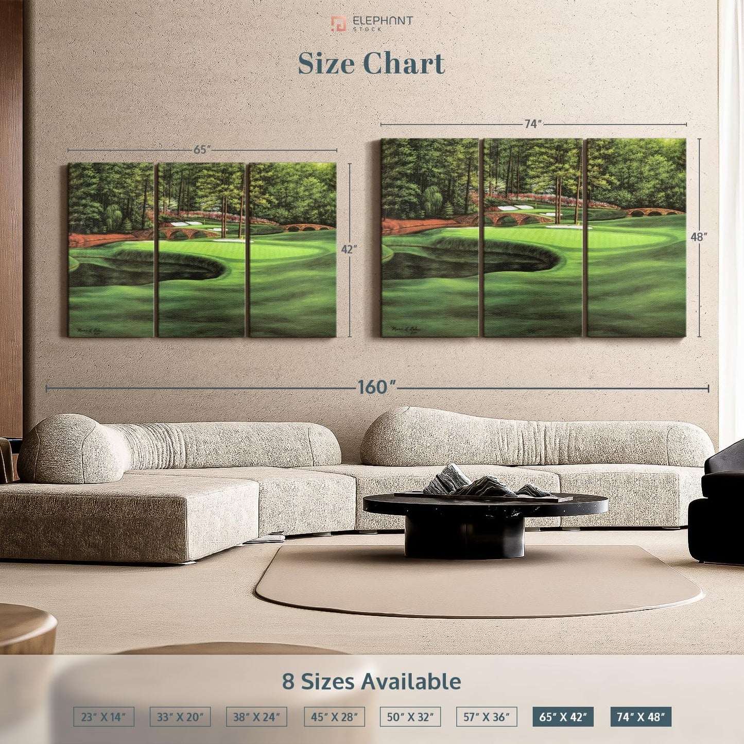 ElephantStock Augusta National 11th Hole I Wall Art - Horizontal Canvas - 3-Piece Living Room Wall Decor - Painting Sports Canvas Print - Green and Brown Decor for Wall by Marci Rule - 65" X 42"