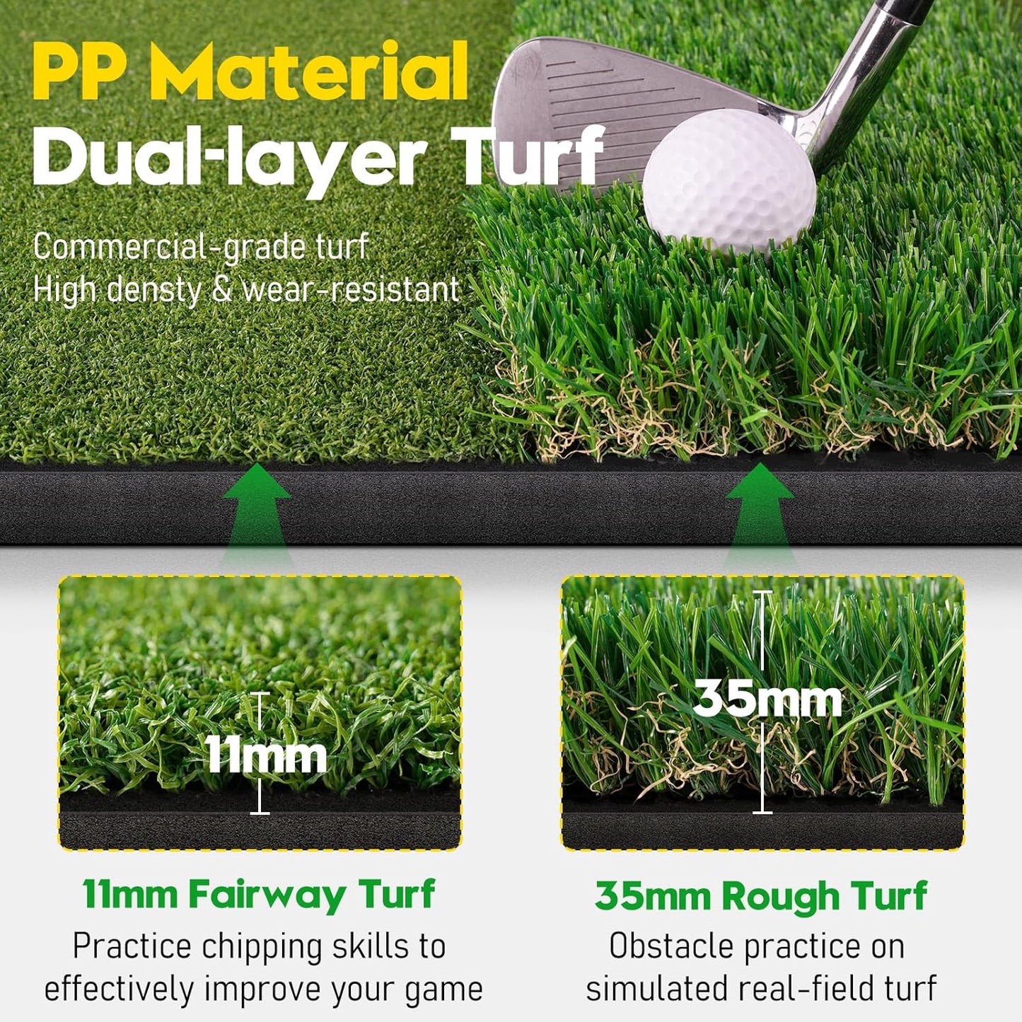Premium Dual-Turf Golf Mat with Ball Tray, 5x4 FT Golf Hitting Mats Practice Outdoor Indoor Equipment with 10 Golf Balls, 9 Golf Tees, Golf Aid Training Swing Chipping Mat, Gifts for Men,Boy,Golfers