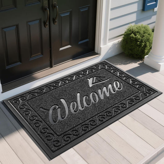 Yimobra Welcome Mat, Heavy Duty Sturdy Door Mats for Home Entrance Outdoor Indoor, Front Doormat for Outside Patio Floor Entry Porch Garage Office, Waterproof, Low Profile, 47X32 Inches, Black