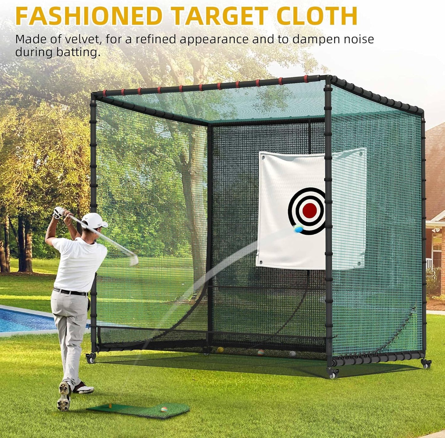 Golf Cage Net with Wheels, Upgrade Driving Hitting Cage with Metal Frame, Golf Practice Net for Full Swing and Chipping Backyard Indoor Outdoor Lawn(Includes 1 Hitting Mat 6 PU Balls 1 Tee)