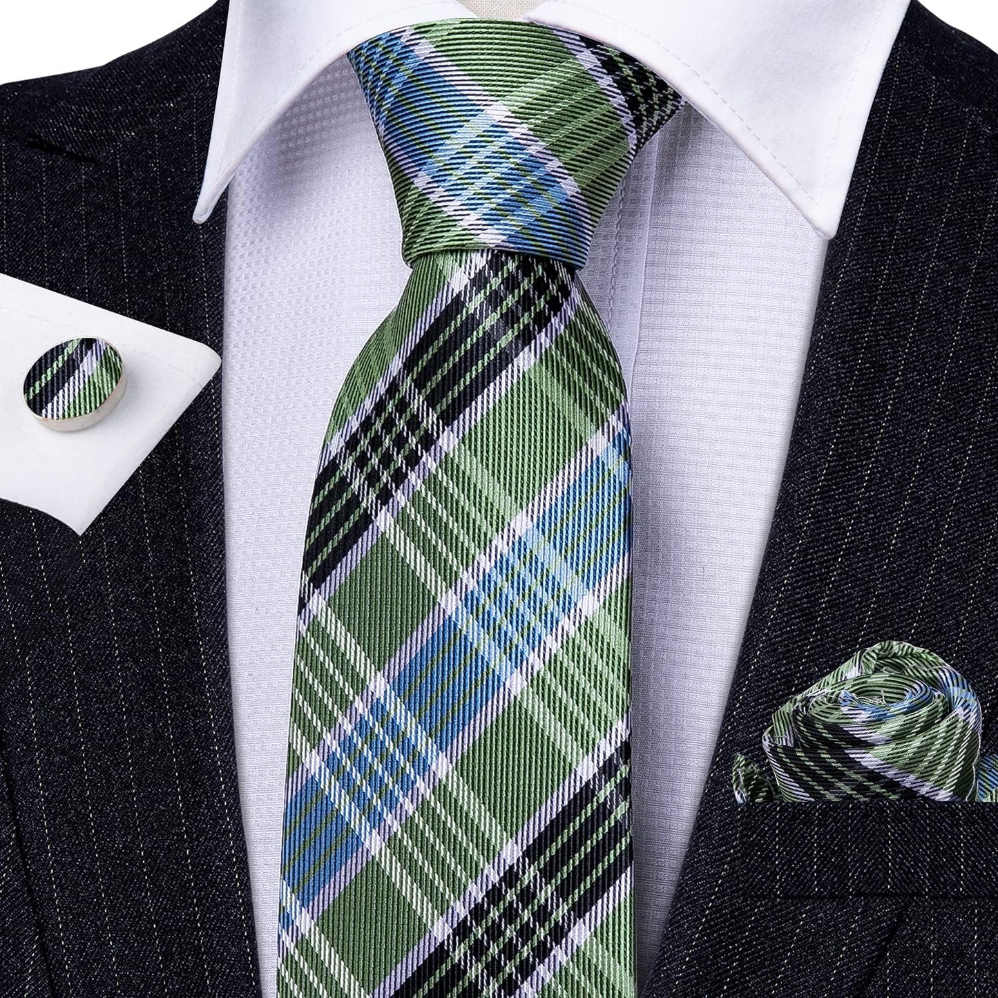 Barry.Wang Designer Classic Ties for Men Set Formal Pocket Square Cufflink Check Plaid