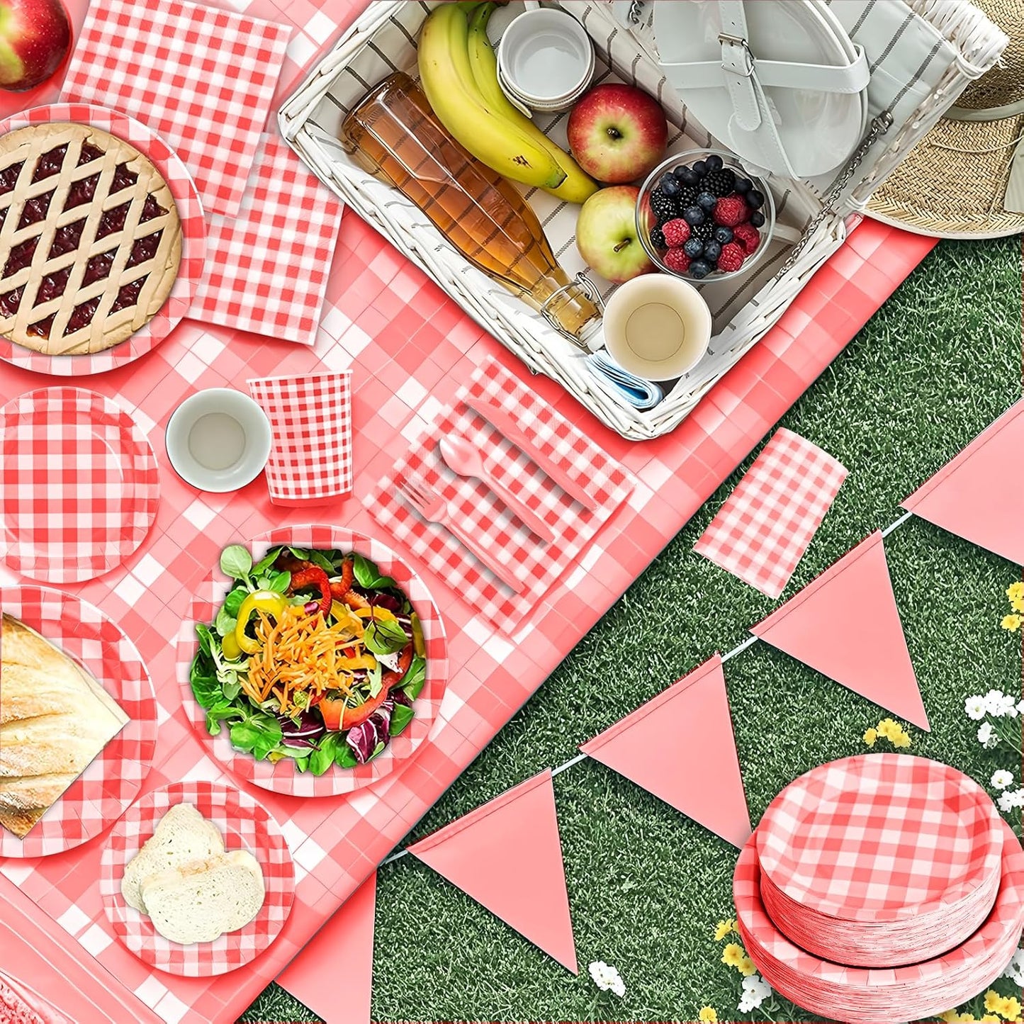 180Pcs Red Gingham Party Supplies Paper Plates and Napkins Serve 60 Disposable Tableware Set for Birthday Party Decorations Game Day Family School Holiday Sports Events
