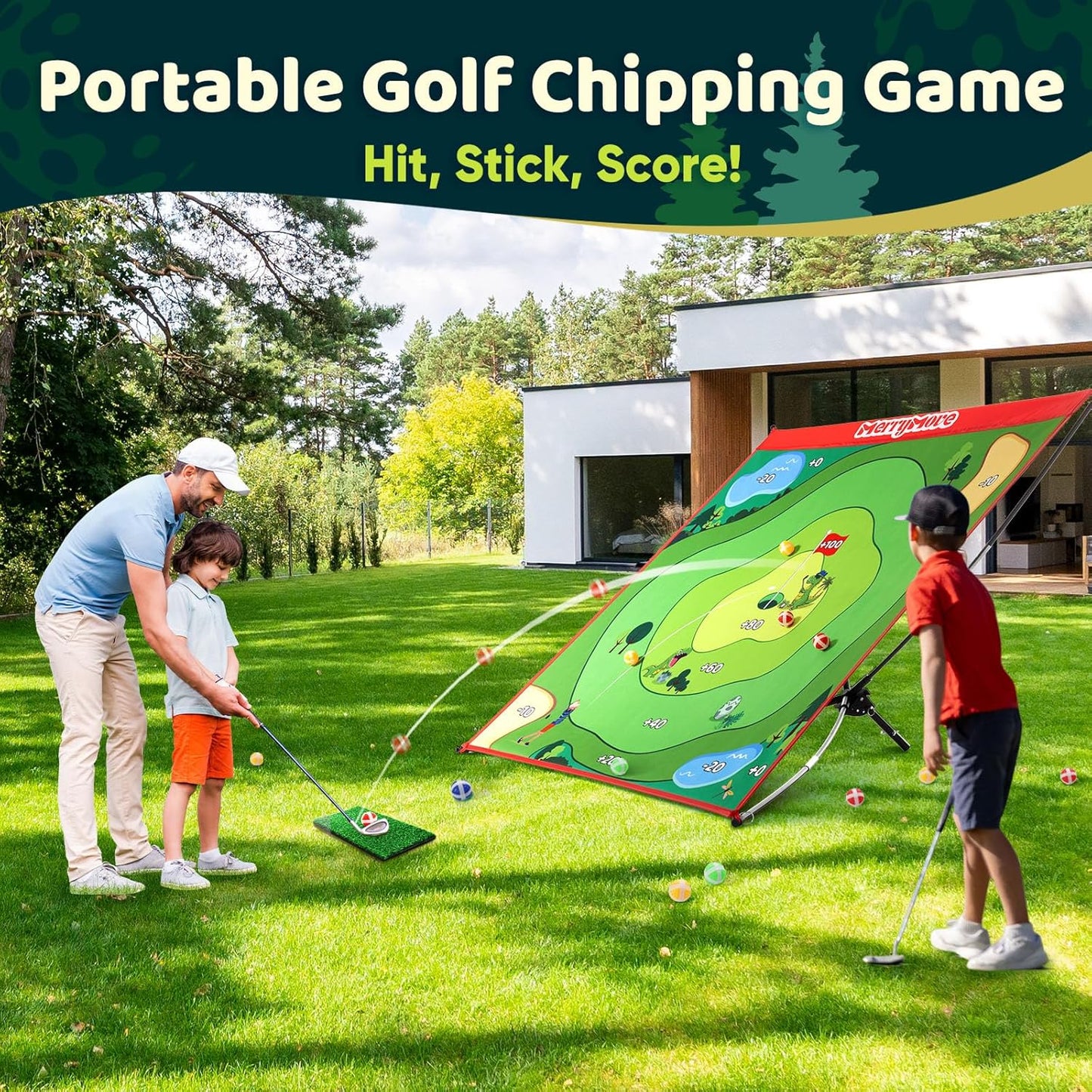 Golf Chipping Game Set : Portable 6-Angle Adjustable Practice Mat Set with 20 Sticky Balls for Indoor Outdoor Training & Family Fun (Golf Club Not Included)