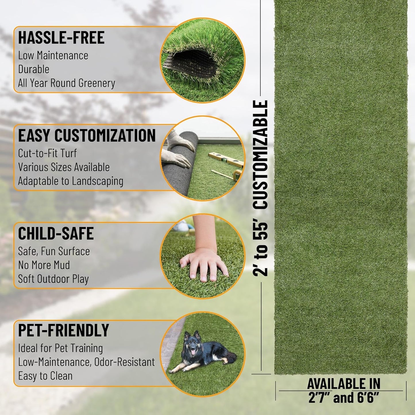 Ottomanson 2'7" x 12' Artificial Faux Grass Rug - Realistic Turf with UV Protection - Perforated for Easy Drainage - Durable, Hose-Off Synthetic Lawn Carpet for Indoor & Outdoor Use, Green