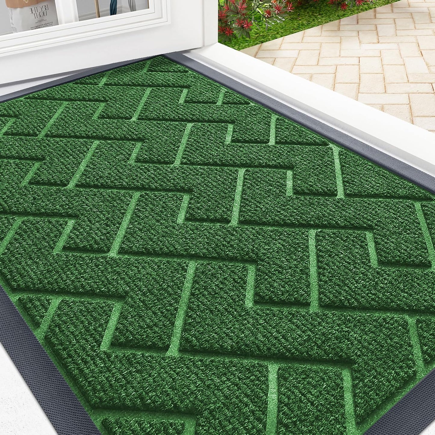 OLANLY Front Door Mat Indoor Outdoor Entrance, Waterproof All-Season, All-Weather Doormat, Sturdy Natural Rubber, Low Profile, Easy Clean Patio Porch Entryway Mat, Herringbone Brick (Green, 71x23)