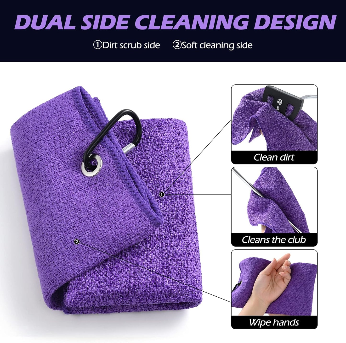 Mile High Life Tri-Fold Golf Towel, 2-in-1 Club & Ball Cleaner, Scratch-Free Scrubbing Side + Ultra-Soft Microfiber, Heavy-Duty Clip, Quick-Dry