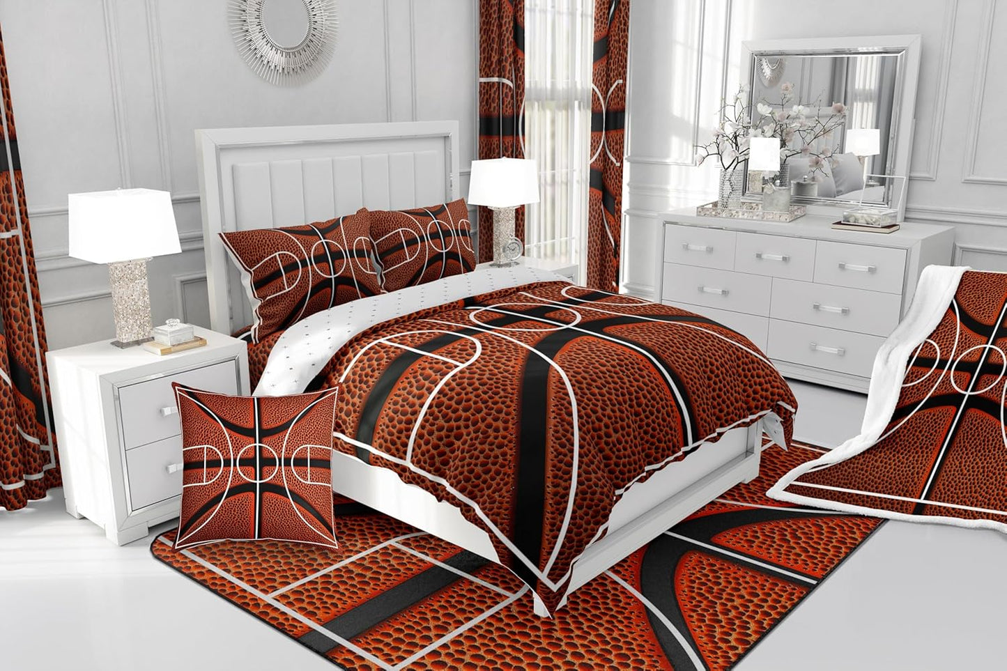 Feelyou Basketball Non Slip Bath Mat Basketball Court Print Soft Fleece Door Carpet for Kids Boys Girls Ball Sports Games Polyester Bath Rug Orange Basketball Bathroom Floor Indoor Doormat,20x32 Inch