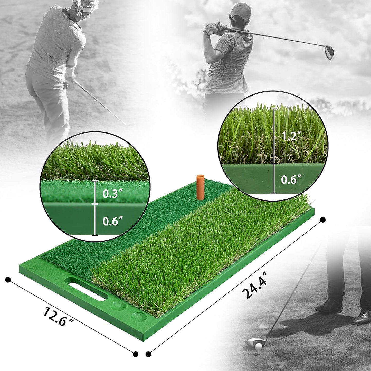 PGM Golf Hitting Mat 24x12 Inch, Dual-Turf with 40% Larger Mat, 4lbs Weighted Non-Slip Base, Realistic Fairway & Rough for Indoor Outdoor Practice, Includes Golf Tees