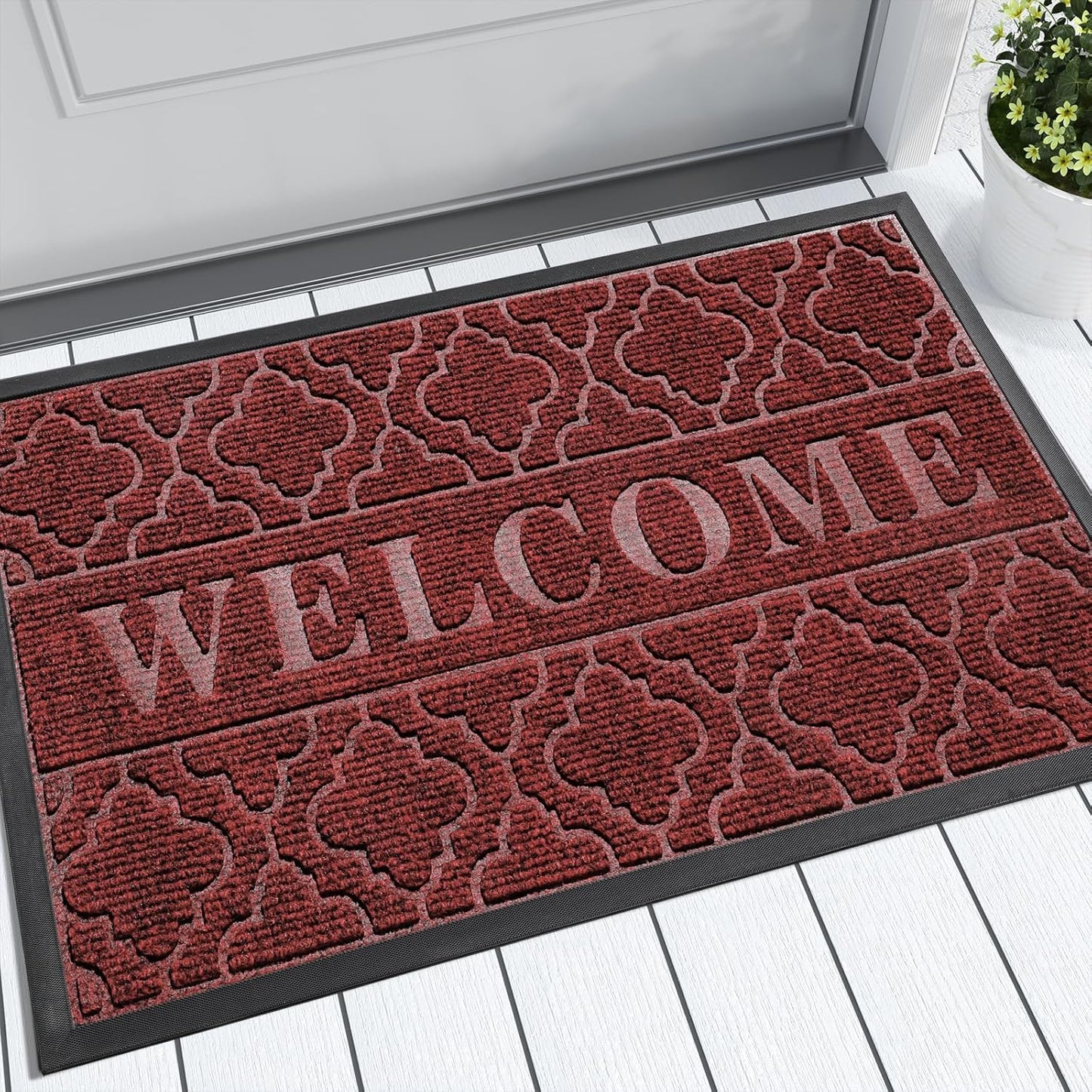 Yimobra Christmas Door Mat Outdoor Indoor 29.5x17, All-Weather Waterproof Front Door Mat Outside Entrance, Non-Slip Low Profile Porch Patio Welcome Doormat, Red