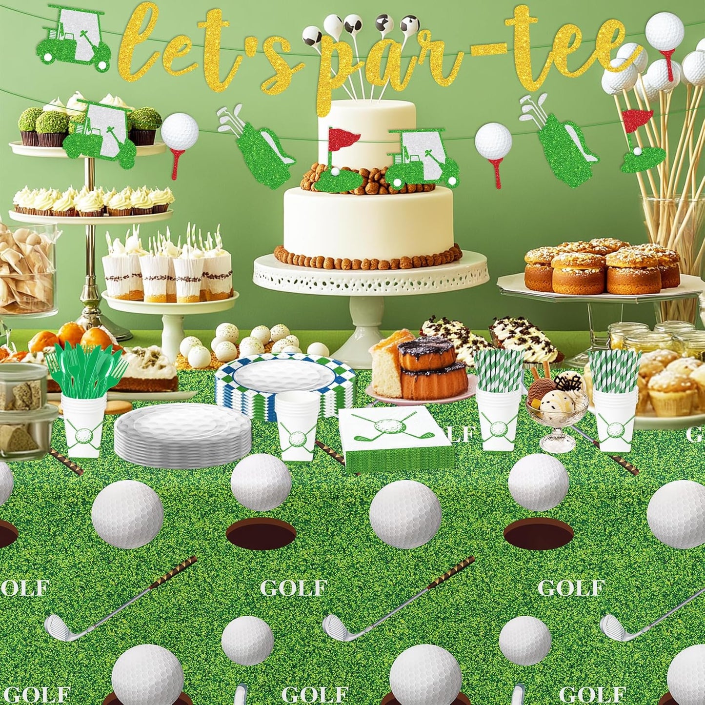 Golf Party Decorations Tablecloth, 3Pcs Disposable Golf Birthday Party Tablecover Supplies, Golf Table Decorations for Golf Lover Baby Shower 1st 2nd Birthday, 55in x 86in