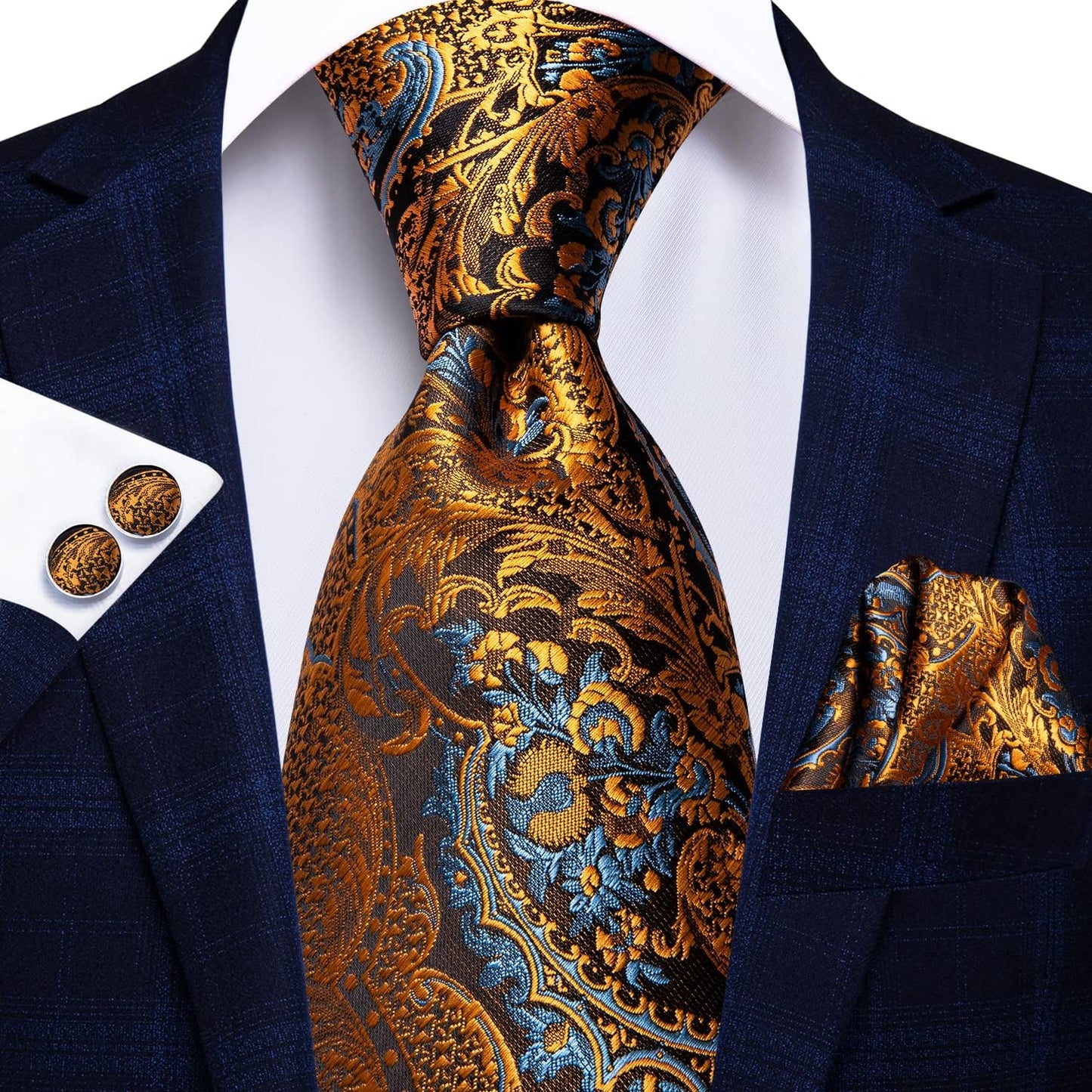 Hi-Tie Men 63inches Tie Set Extra Long Necktie Paisley Tie Pocket Suqare Cufflinks Big and Tall Men Tie