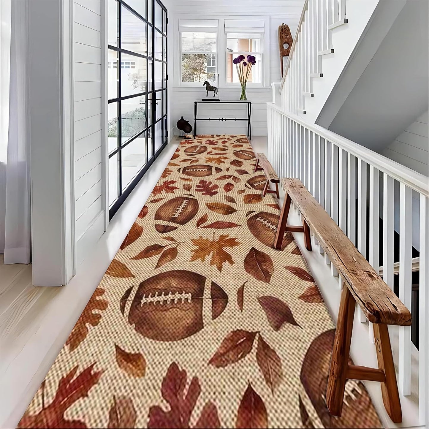 Football Rugby Living Room Rug, 3.3x10ft, Vintage Maple Leaf Entryway Carpets, Cozy Soft Home Decor Kids Rugs, Foldable Washable Breathable Anti-Slip Rug for Front Door Dining Room