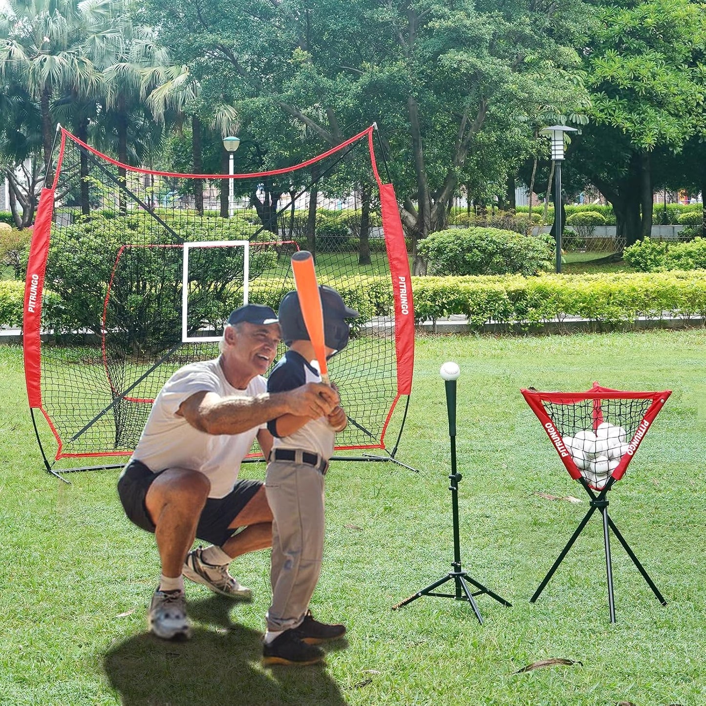 Baseball Softball Tee Batting Tee for Hitting T tee Ball Set Stand Baseball Softball Hitting Pitching Screen Net for Kids Teens Batting Net Set Training Equipment W/Carry Bag for Outdoor