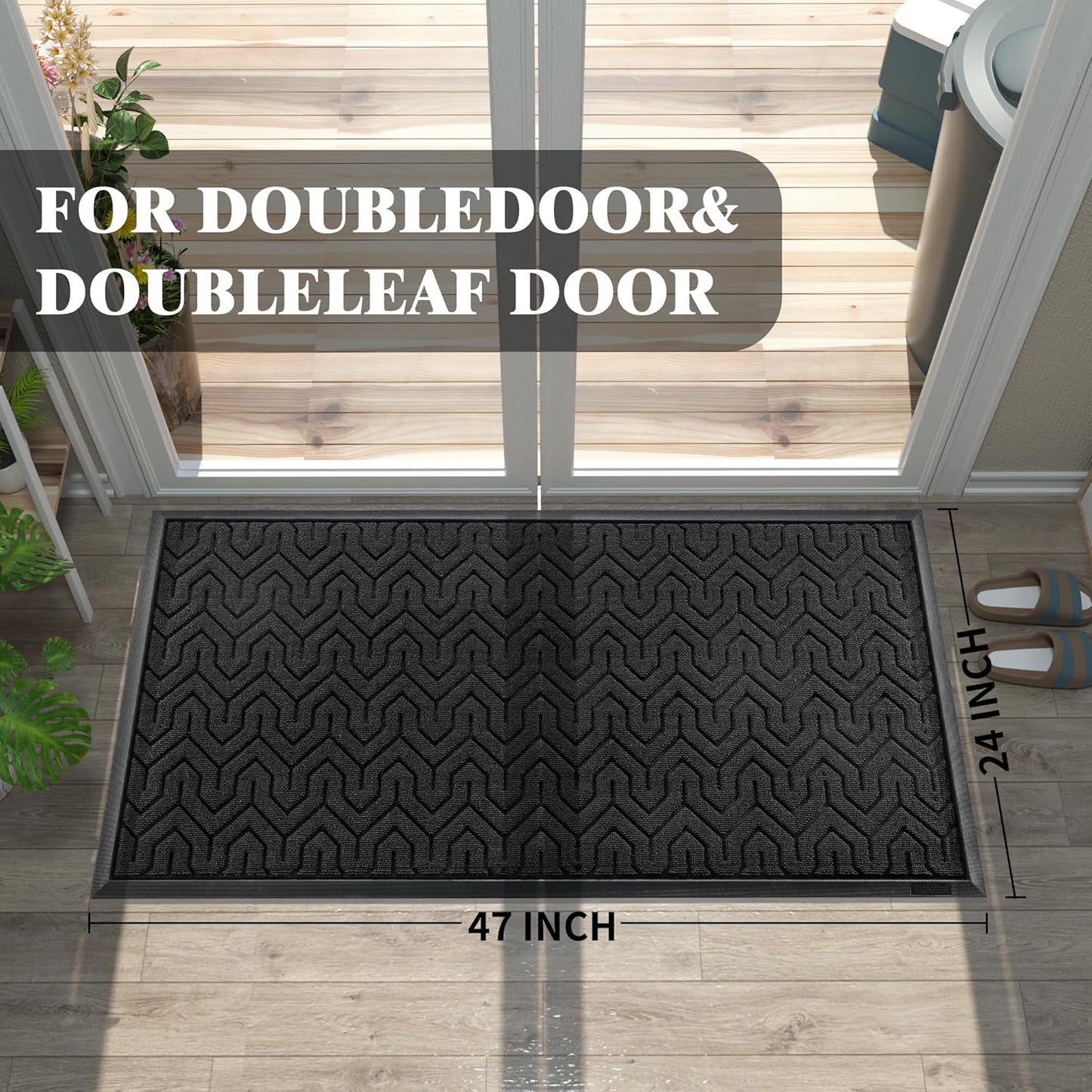 Yimobra Large Door Mat Outside Entrance 47x24, Waterproof Heavy Duty Outdoor Mats for Front Door, Non Slip Rubber Entry Mat for Garage Patio Indoor, Easy Clean, Black