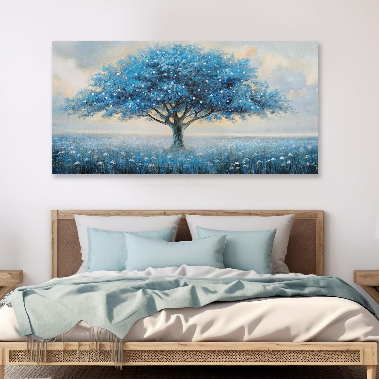 Glvzygy Blue Tree of Life Wall Art Abstract Modern Artwork Canvas Painting Textured Tree Pictures Wall Decor Home Decor Wall Ready to Hang for Bedroom Living Room Size 24"x48"