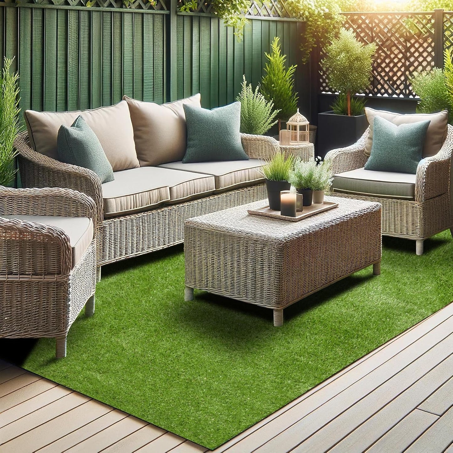 Ottomanson 6' x 6'6" Artificial Faux Grass Rug - Realistic Turf with UV Protection - Perforated for Easy Drainage - Durable, Hose-Off Synthetic Lawn Carpet for Indoor & Outdoor Use, Green