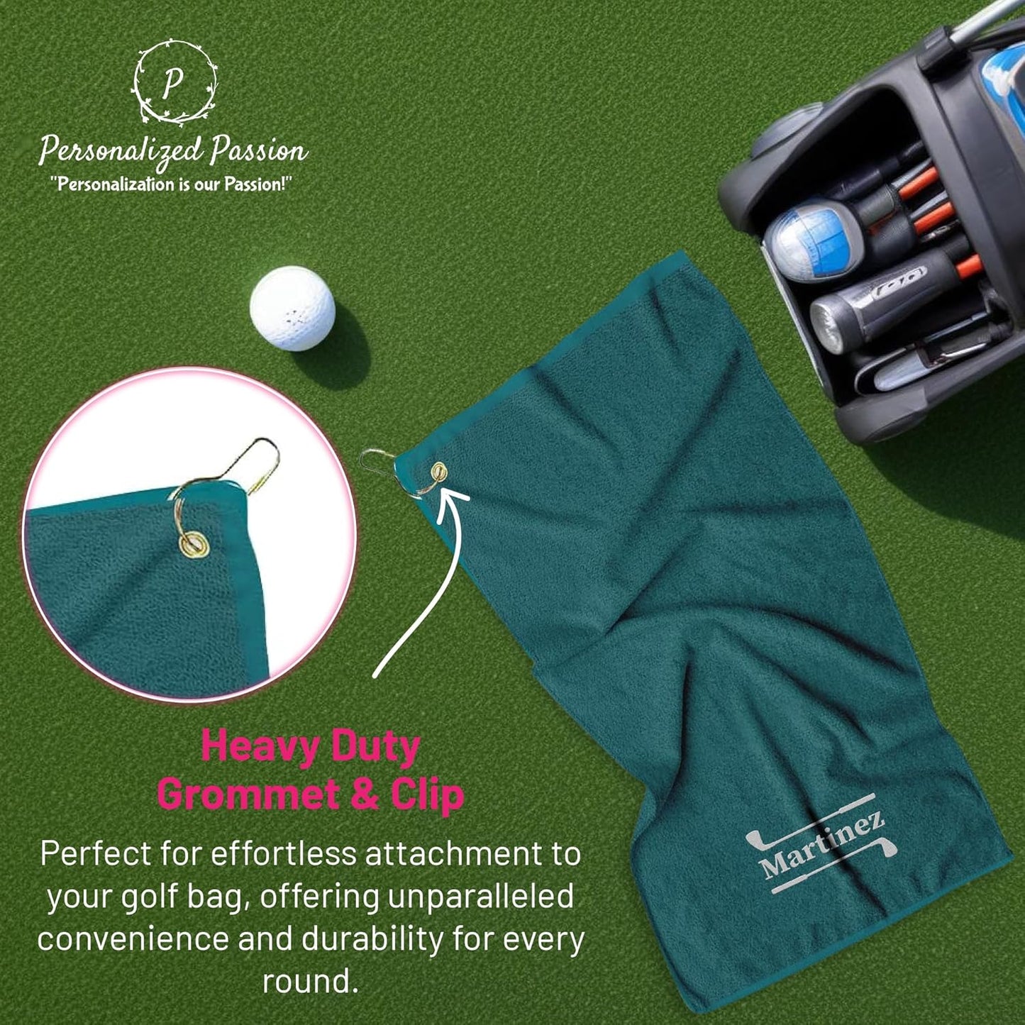 Personalized Passion Golf Towels with Corner Grommet - 16"x26" Customized Velour Cotton Golf Bag Towels with Name - Super Soft and Highly Absorbent - Quickly Remove Dirt and Sweat - Black